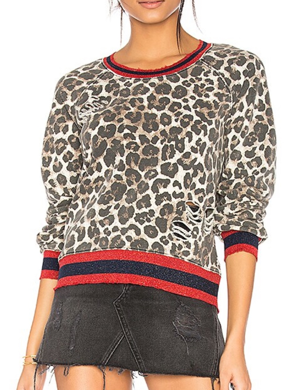 Pam & Gela Leopard Print Crewneck Sweatshirt in Beige, Black & Red Trim